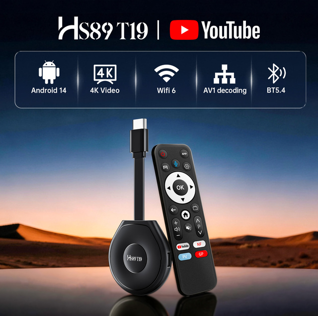 HS89 T19 Android 14 4K TV Stick BT5.4 Dual Wifi6 Multi Media Player Custom Stick TV Digital for Wholesale
