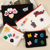 Pochette en toile à fermeture éclair prête à être expédiée, sac à crayons personnalisé avec patch, porte-monnaie, trousse de toilette