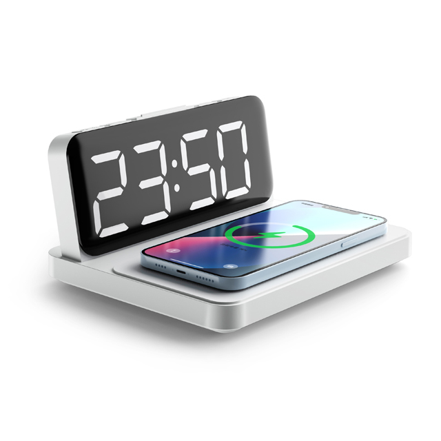 10W Fast Wireless Charger with LED Digital Alarm Clock and Temperature Display Plastic Material for Bedroom Office & Hotel Use