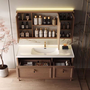 ตู้ห้องน้ำสีไม้แบบตั้งพื้นพร้อมอ่างล้างหน้าเซรามิกในตัว - Product Image 5