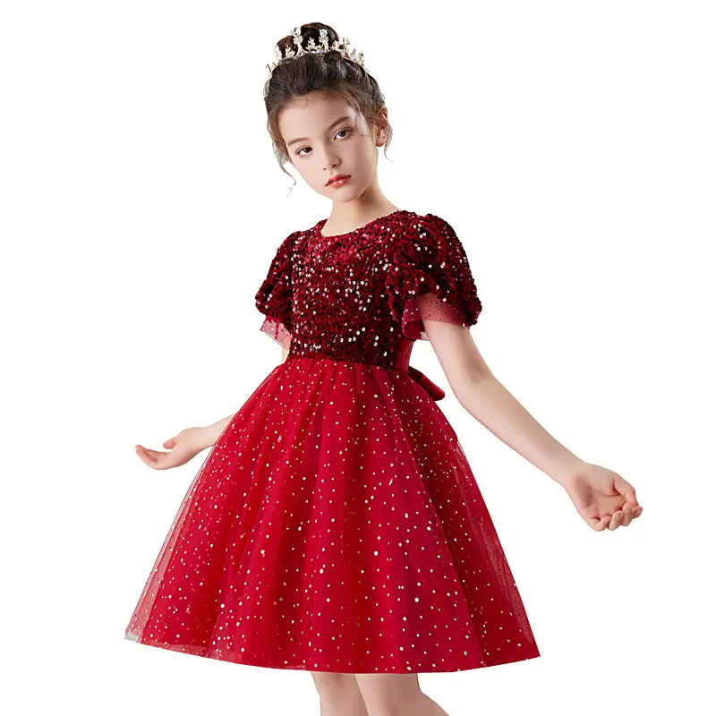 Red Green Summer New Evening Dress Short Sleeve Sequin One Piece Princess Gown knee-length 2-10 Years Old Girls Dresses