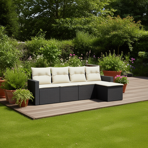 Ensemble de canapés de jardin en rotin noir avec coussins crème, mobilier d'extérieur au design contemporain, résistant à l'eau et aux UV, en rotin PE - Product Image 2