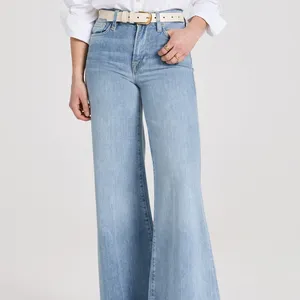 OEM&ODM New Fashion Lady High Waisted Non-Stretch Have Dart on Front Under Waistband MID-Blue Straight Fitting Cut Leg Edge Jean