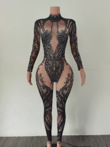 Sexy Print Stretch Pole Dance body strass Bodycon pagliaccetto spogliarellista Spandex body donna Club Party tute intere - Product Image 2