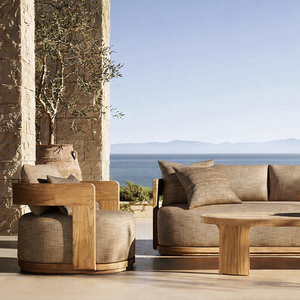 เฟอร์นิเจอร์กลางแจ้งทันสมัย ชุดโซฟาไม้สำหรับสวน กันน้ำ ทนไฟ ชุดโซฟากลางแจ้งสำหรับโรงแรม โซฟาไม้สักสำหรับลานบ้าน ชุดโซฟาสวนหรูหรา - Product Image 1