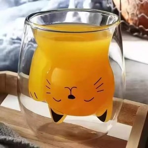 고양이 얼굴 유리컵 이중벽 귀여운 고양이 모양 내부벽 커피 우유 차 컵 예쁜 카와이 선물 - Product Image 1