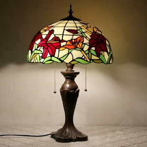LongHuiJing Tiffany Style Reading Desk Lamp <b>Red</b> Floral Stained Glass Lamo Lampshade Table Lights Home Table Lamp Stand Lamp - Product Image 1