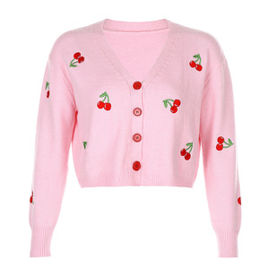 2025 femmes décontracté hiver court tricoté pull manteau nouveau cerise brodé simple boutonnage coupe ample - Product Image 1