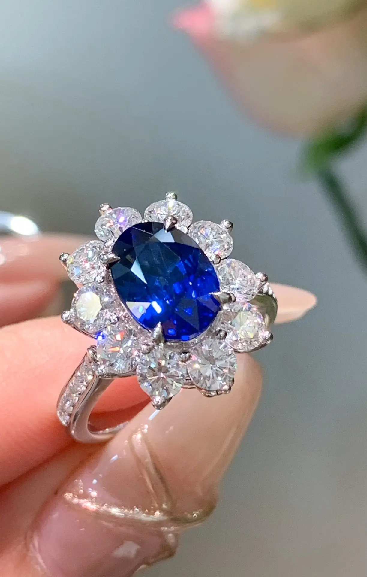 Cincin Mossanite berlian pertunangan pernikahan safir biru potongan zamrud alami dengan sertifikat GRA