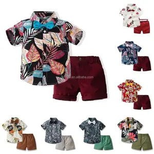 Factory new boys and gentlemen dress set 2024 summer children short sleeve tropical leaf shirt shorts set