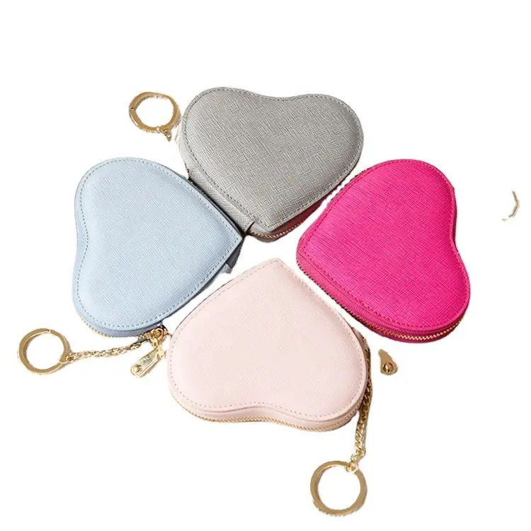 กระเป๋าหนัง Saffiano สำหรับผู้หญิง,กระเป๋าใส่เหรียญพวงกุญแจรูปหัวใจ