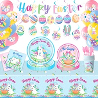 Assiettes, gobelets, serviettes, couverts, décorations, décorations de gâteau, ballons et spirales en papier à thème Lapin de Pâques et Œuf, style mignon pour fête