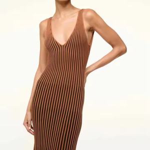 Vestido de Punto Acanalado de Longitud Midi con Escote en V Profundo para Mujer, Nuevo Modelo 2025, Transpirable, Ecológico, Vestidos de Punto Sólidos sin Mangas - Product Image 5