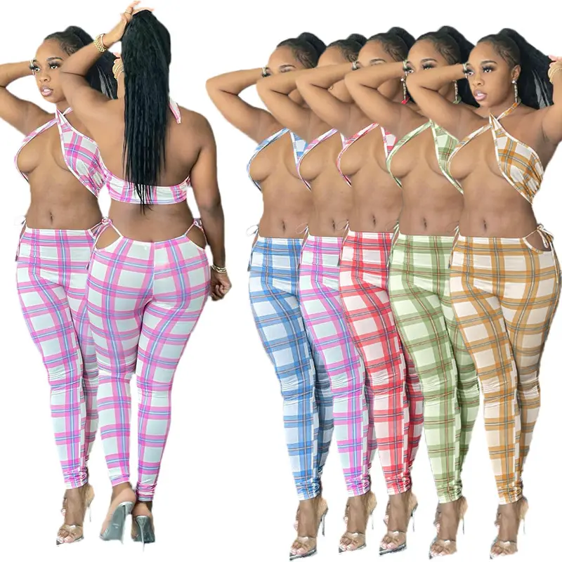 Conjunto de biquíni colorblock feminino, roupas cropped top e calças compridas moda 2 peças