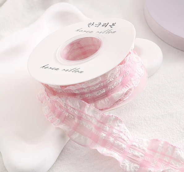 Ruban à carreaux plissé rose-4cm