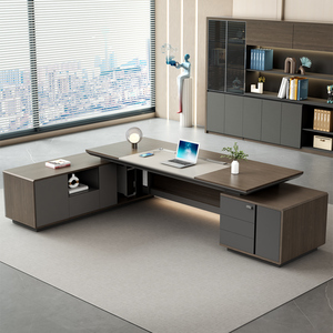 Bureau de direction en bois noir en forme de L, moderne, convertible, réglable en hauteur, personnalisé et luxueux, avec des fonctionnalités modulaires et extensibles - Product Image 2