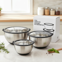 BPA-freies 304SS Rührschüssel-Set mit Gehärtetem Glasdeckel FDA LFGB Silikonring Rutschfester Boden zum Backen Salat Aufbewahrung