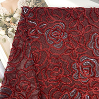 Tissu en dentelle brodée de sequins, tissu en tulle gaze chenille rose pour robe de mariée et cheongsam