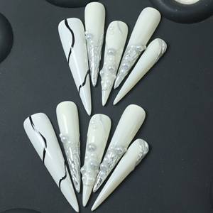 Uñas postizas de lujo con gotas de agua acrílicas rosas, cobertura completa, hechas a mano, con pedrería dibujada a mano, precio de fábrica. - Product Image 2