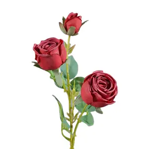 Real Touch Artificial Rose Silk Flower Artificial 3 Heads Single Stem Rose Wedding Decoration Floral Arrangement