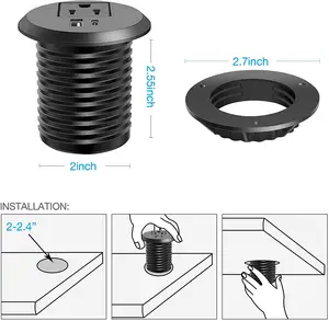 Tomada para mobília de escritório, mini tomada arredondada de 2 polegadas com usba + USB-C/saída de energia dos eua, tomada inteligente