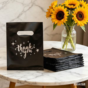 heavy duty black thank you plastic bags bulk with handles for <b>small</b> business retail <b>shops</b> - Product Image 1