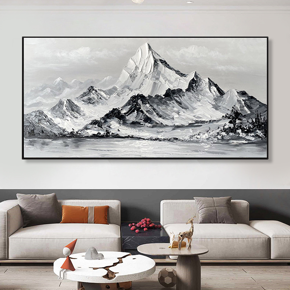 Large Mountain Landscape Painting With Textured Arylic Black and White Palette Knife Canvas Art on Black Frame · image 4