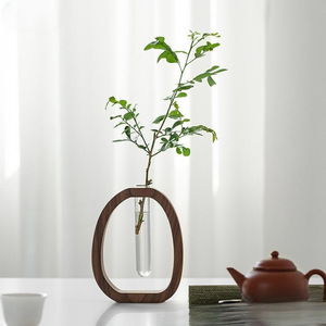 Jarrón hidropónico minimalista de madera con tubo de vidrio para decoración de plantas de escritorio - Product Image 2