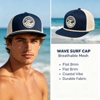 Casquette Snapback Unisexe d'été à 5 panneaux en polyester, avec logo 'Wave' en patch de caoutchouc, visière plate, respirante, protection solaire et perforations découpées au laser