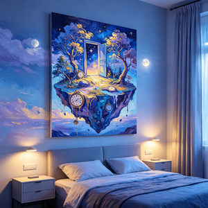 Dipinto a Olio Surrealista Paesaggio Onirico, Isola Fluttuante con Porta e Orologi, <span class=keywords><strong>Arte</strong></span> Murale per Arredamento Moderno - Product Image 1