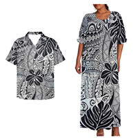 Matchable Couple Hawaiian Luau Chemise et Wrap Puffy Dress Polynesian Tapa Print Micronesian Women Mumu Dress Matching Men Shirts