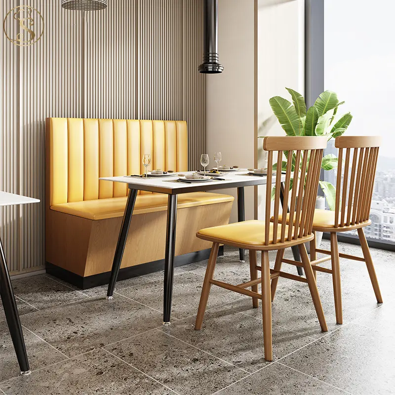 Mobilier moderne sur mesure en gros utilisé siège de stand en cuir jaune banquettes de restaurant ensemble table et chaises en bois