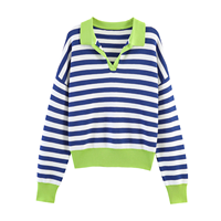 Pull en maille rayé à col polo et col en V pour femme, manches longues, couleur contrastante, vente en gros