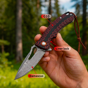 Cuchillo de bolsillo plegable táctico de supervivencia para acampar al aire libre EDC con hoja de acero de Damasco OEM y mango G10 con clip. - Product Image 6
