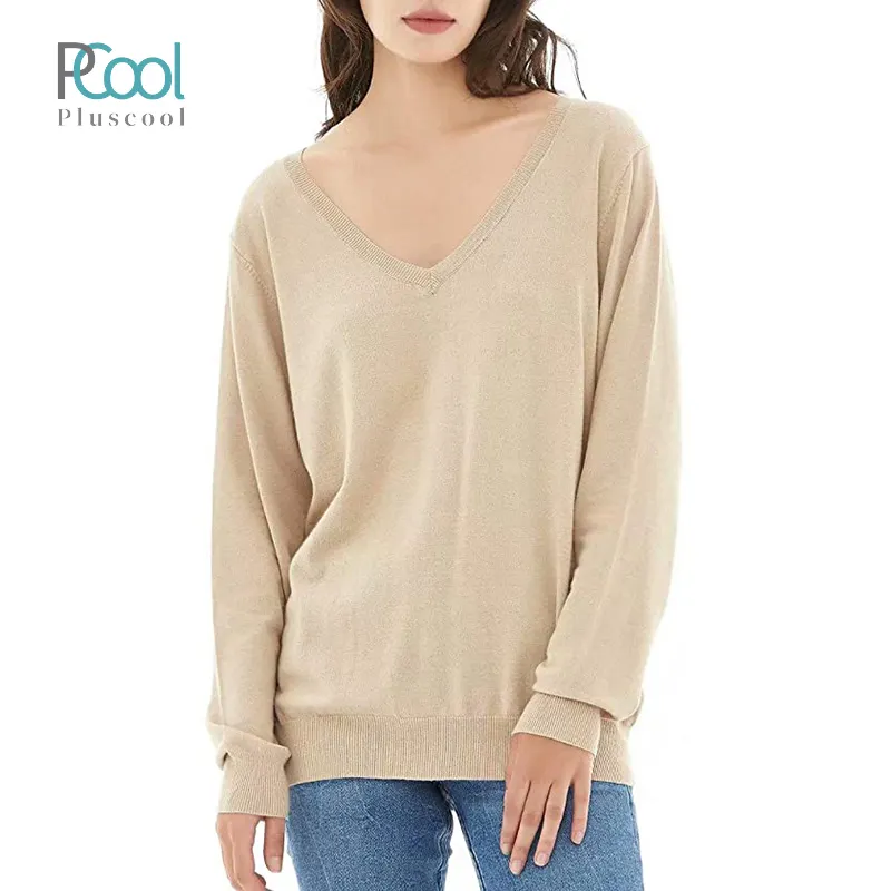 Sexy 100% cotton casual long sleeve knit v neck t shirts for women