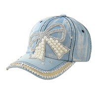 Gorra Trucker Unisex Vintage de Mezclilla Lavada de 6 Paneles con Diseño de Lazo de Perlas y Diamantes de Imitación, Transpirable, Impermeable y Ajustable