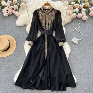Эксклюзивное элегантное осеннее платье с длинным рукавом, оптовая продажа 2022, женское нишевое Дизайнерское черное платье с кружевной вышивкой на талии