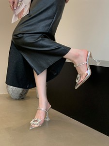 Women's Summer Fashion Crystal Bridal Shoes One Word Belt Sandals High Heels Transparent Rhinestone <b>Half</b> Slippers for Outer Wear - Product Image 4