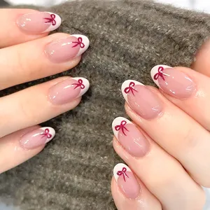 24 <span class=keywords><strong>Uñas</strong></span> <span class=keywords><strong>Postizas</strong></span> Cortas Color Nude Rosa Blanco <span class=keywords><strong>con</strong></span> Diseño <span class=keywords><strong>de</strong></span> Lazo Rojo, Cobertura Completa, Removibles, Reutilizables, <span class=keywords><strong>de</strong></span> Plástico ABS <span class=keywords><strong>de</strong></span> Alta Calidad - Product Image 2