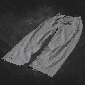 Men's Gray Vintage Distressed Sweatpants <b>Drawstring</b> Cotton <b>Trousers</b> Heavyweight Casual Streetwear Pants - Product Image 3