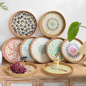 Drinks Food Storage Snack for Coffee Table Woven Decorative Shallow Wicker Oval Storage Baskets Round Rattan Severing Tray Set