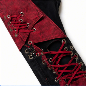 Vaqueros acampanados de hombre Wangsheng de corte holgado con patchwork, estampado digital en denim rojo y verde, lavables, con cordones y efecto desgastado, estilo streetwear. - Product Image 5
