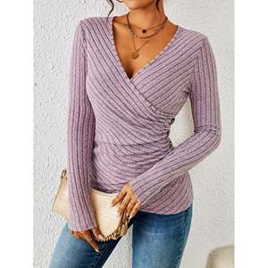Ribbed Surplice Neck Sweater <b>Light</b> Purple Women's Knit Top - Product Image 4
