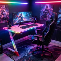 Bureau de jeu RGB avec structure en acier en forme de Z, bureau en fibre de carbone, table pour PC avec crochet pour casque et porte-gobelet