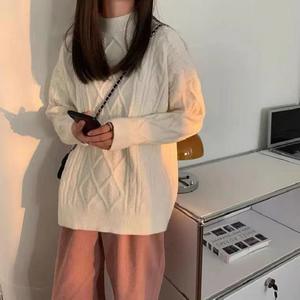 Sweter lengan panjang kerah Crew untuk wanita, Sweater Pullover rajut kabel longgar musim gugur modis - Product Image 4