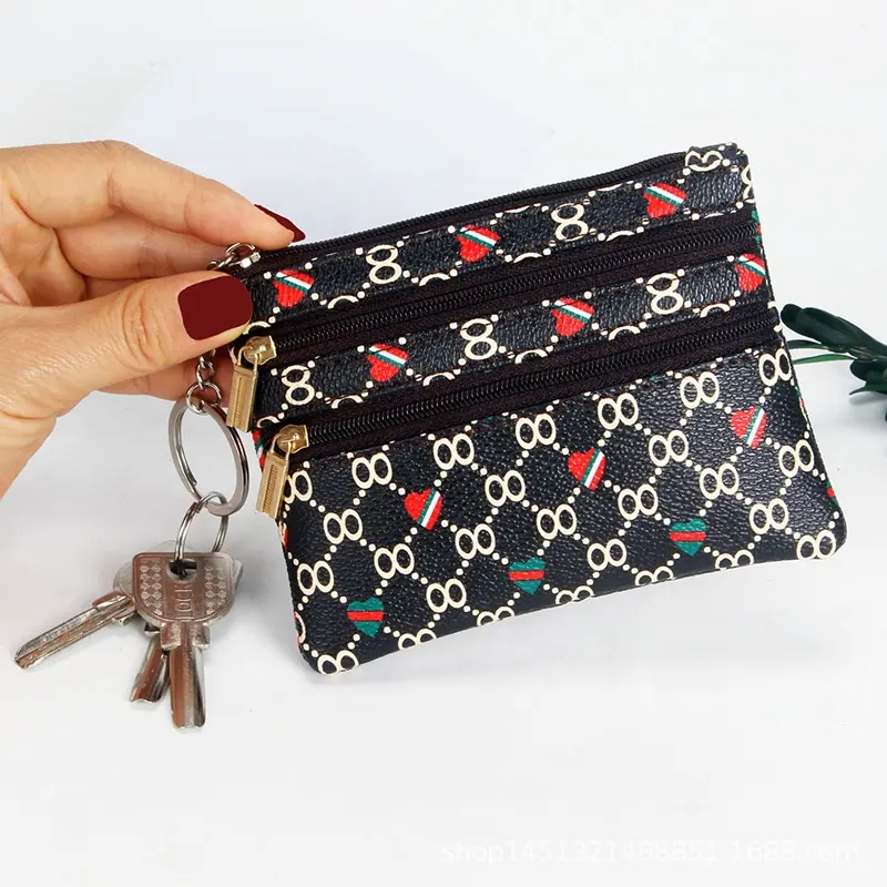 Fashion Short Small Mini PU leather Multi Pockets Lady Purse with Key Chain, Zip Pocket Ladies Wallets Purse Women Wallet
