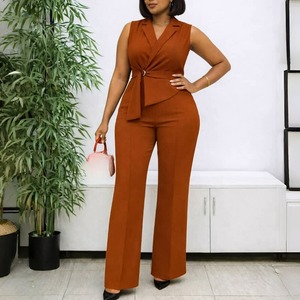 WY1012011 Ultimo Design <span class=keywords><strong>Tuta</strong></span> Estiva da Donna <span class=keywords><strong>Elegante</strong></span> Monocolore Senza Maniche con Colletto e Lacci, Jumpsuit a Gamba Larga per Donne - Product Image 1