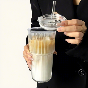 Gobelets en verre côtelé de 20 oz avec couvercles et pailles, verres vintage épais, idéaux pour le café glacé - Product Image 5