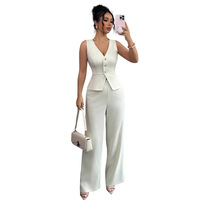 Ensemble deux pièces pour femmes, été 2025, nouveau style européen et américain, couleur unie, sans manches, veste ajustée, pantalon taille haute en polyester et élasthanne