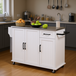 Isola da Cucina Bianca con Piano in Acciaio Inox, 1 Cassetto, Design Moderno con Ruote, Carrello Portaoggetti - Product Image 2